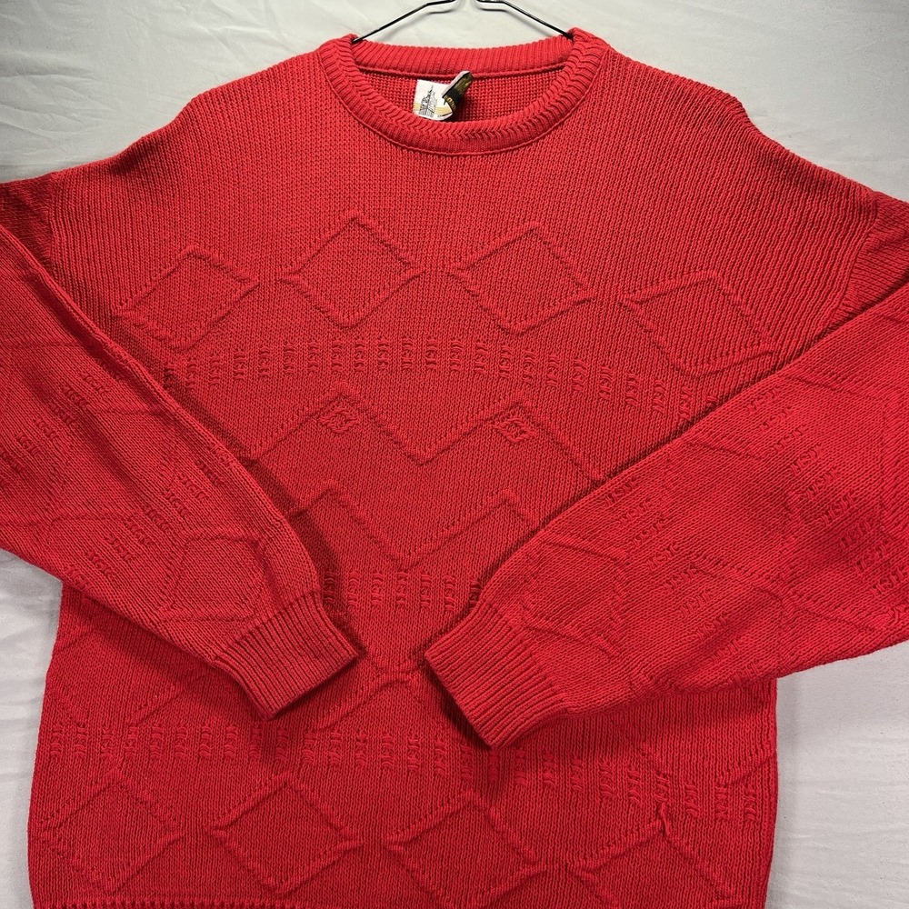 Vintage London Fog Sweater Mens Large Red Knit Grandma Heavy Cotton Cabincore